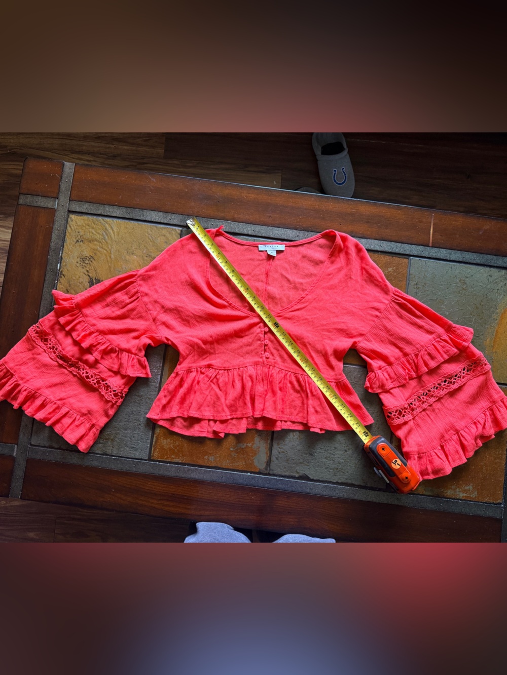 Favlux M cropped gauze coral button down v neck large ruffle sleeve babydoll